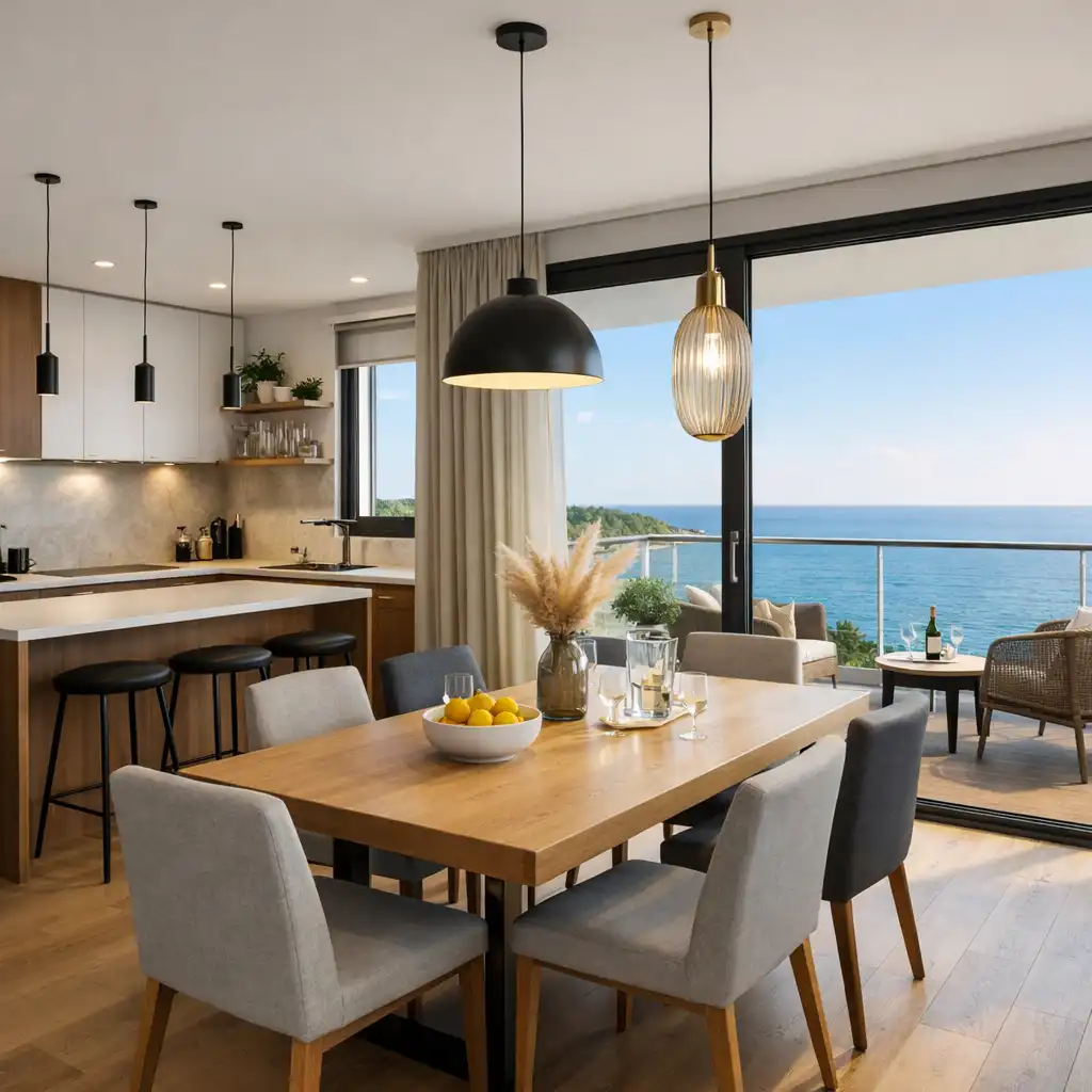 Jadalnia i aneks kuchenny apartamentu z balkonem