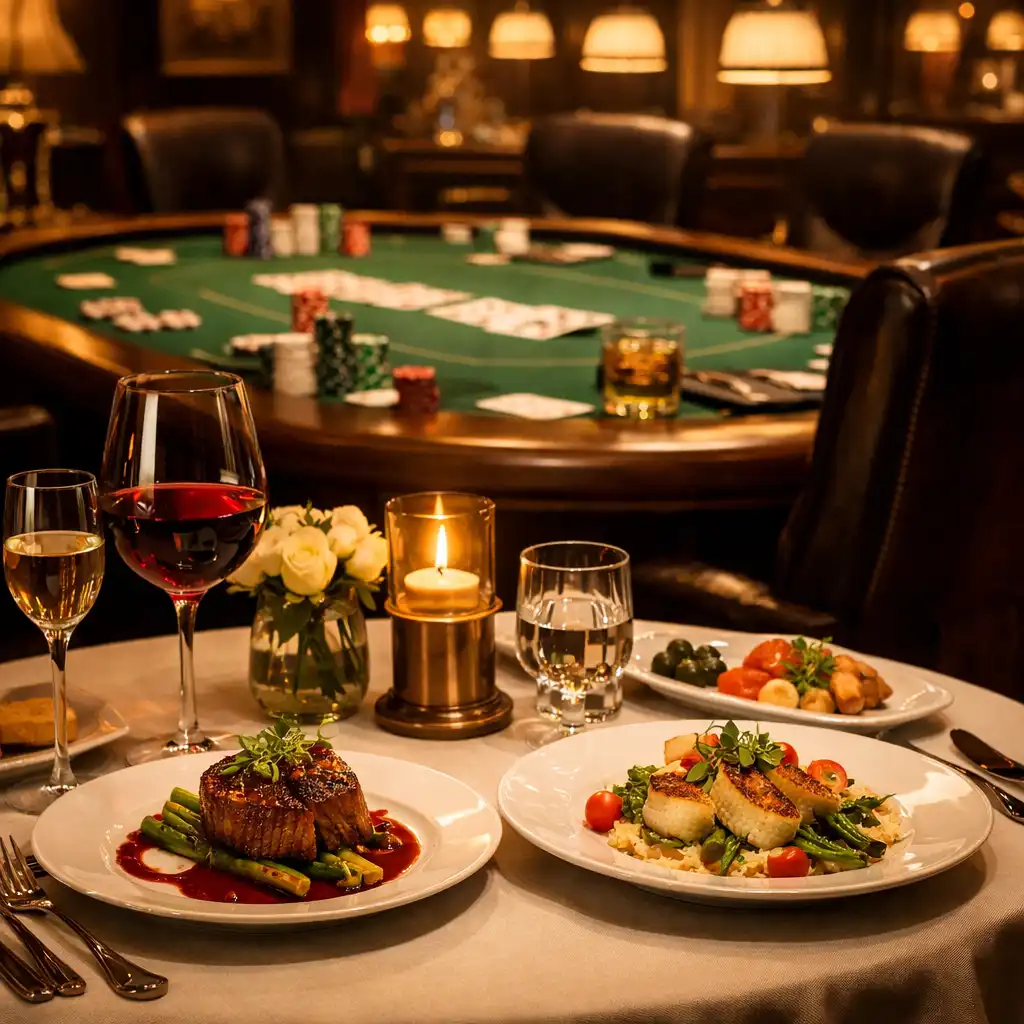 Elegancka kolacja w restauracji Coast Stay Hotel z widokiem na stół pokerowy w tle