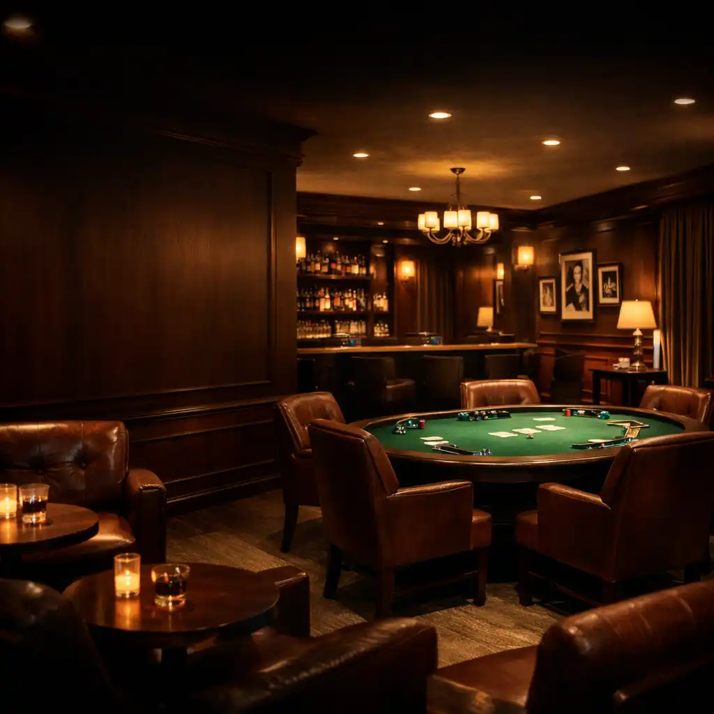 Eleganckie wnętrze hotelowego lobby z elementami poker lounge: ciemne drewno, skórzane fotele i stół do pokera z zielonym suknem.