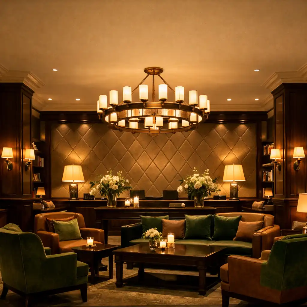 Eleganckie lobby hotelu Coast Stay z ciemnymi drewnianymi meblami i ciepłym oświetleniem