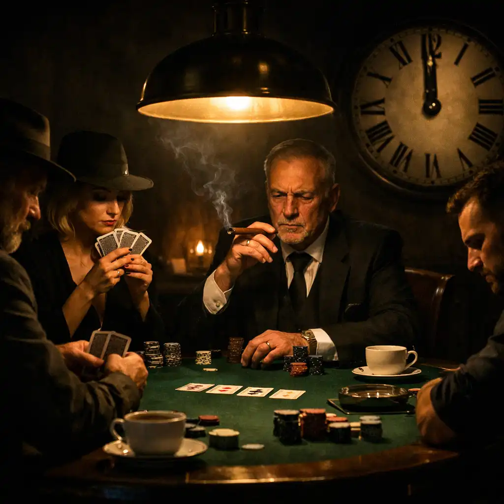 Nocna scena pokerowa z lampą nad stołem i filiżankami kawy w Coast Stay Hotel