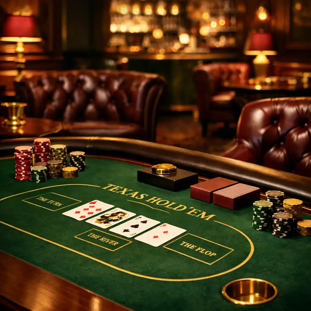 Elegancki stół do Texas Hold’em w poker lounge z zielonym suknem i żetonami