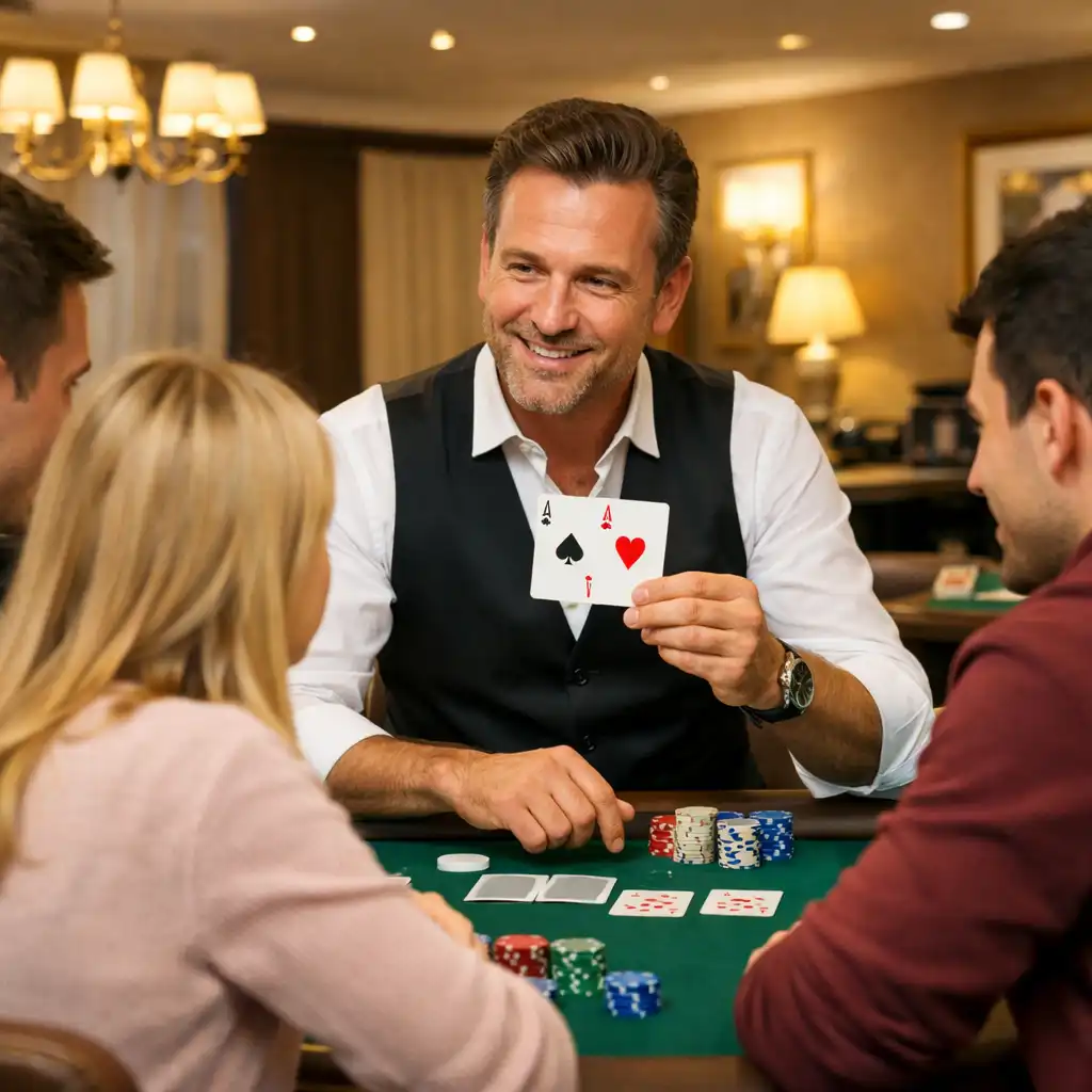 Instruktor pokazujący karty grupie początkujących podczas warsztatów pokerowych w Coast Stay Hotel
