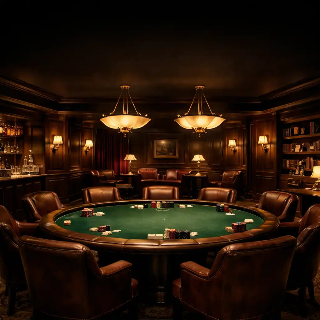 Elegancki poker lounge w Coast Stay Hotel z zielonym stołem, skórzanymi krzesłami i ciepłym oświetleniem