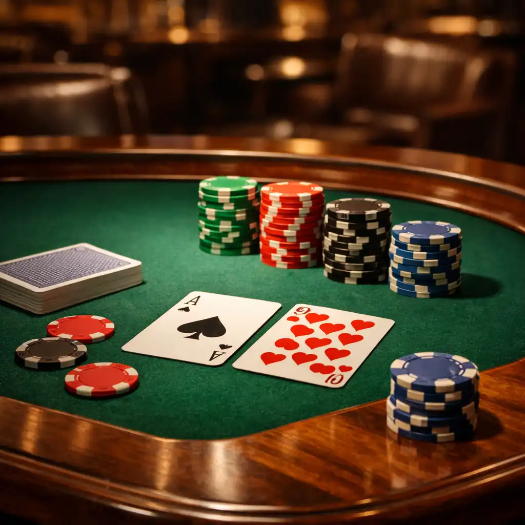 Zbliżenie na stół pokerowy z żetonami i kartami w eleganckim wnętrzu salonu