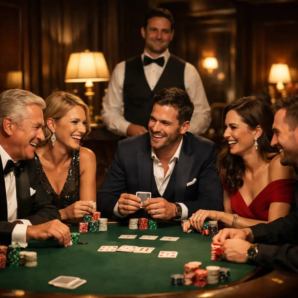 Eleganckie prywatne wydarzenie pokerowe w salonie hotelowym z gośćmi przy stole