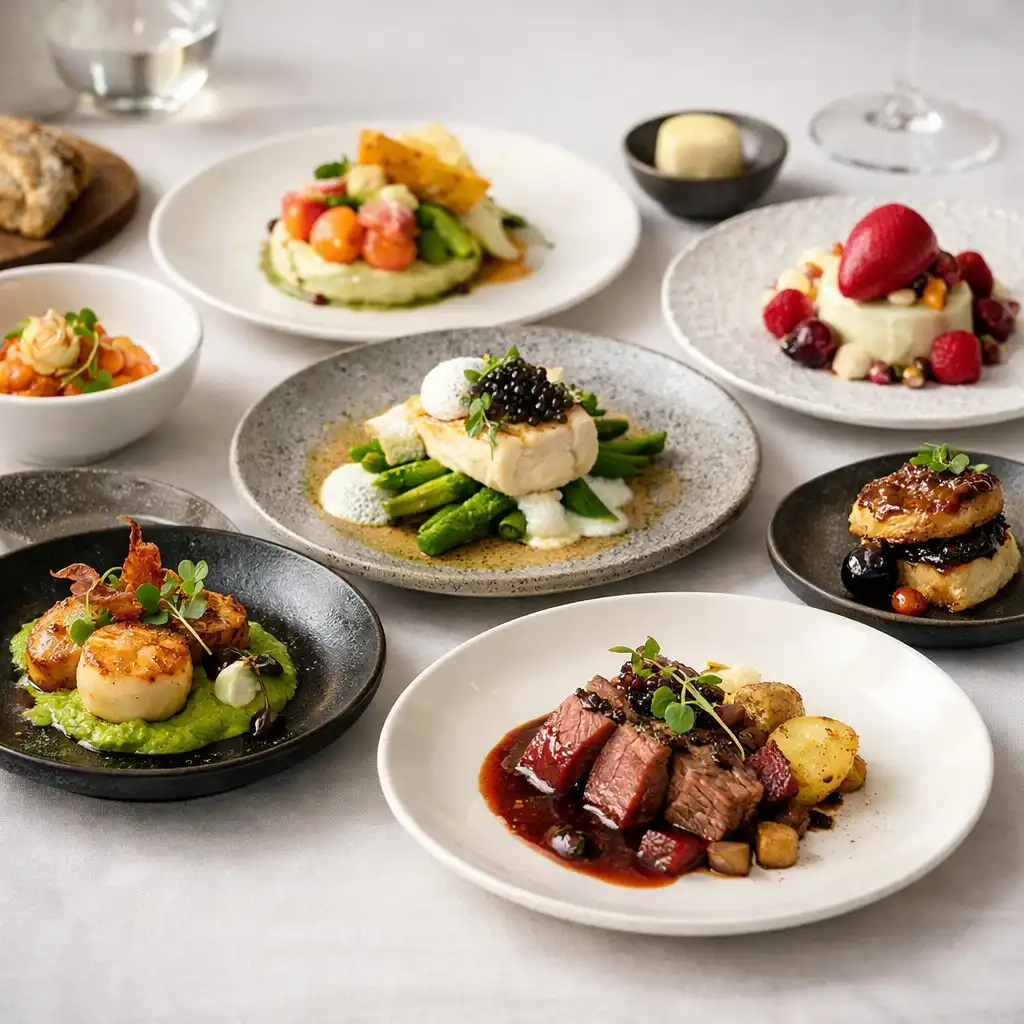 Menu degustacyjne – kilka małych dań na eleganckich talerzach