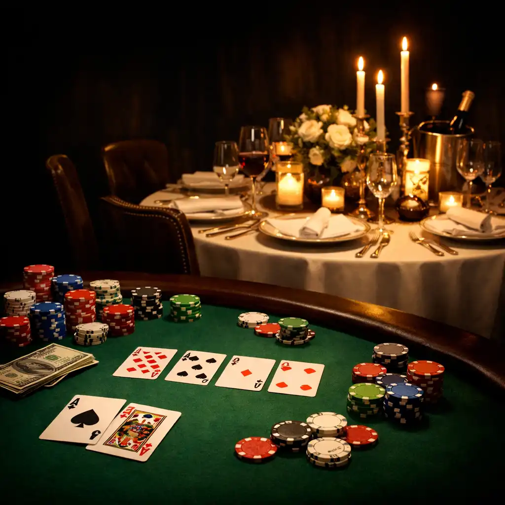 Stół pokerowy z kartami i żetonami obok elegancko nakrytego stołu do kolacji