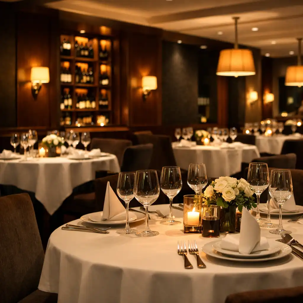Elegancka restauracja hotelowa z nakrytymi stolikami, białymi obrusami, kieliszkami i ciepłym oświetleniem.