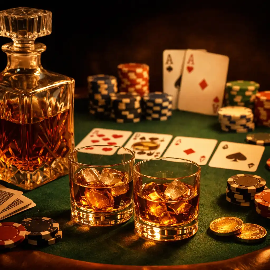 Stół pokerowy z kieliszkami whisky i karafką podczas Nocy Pokera z Degustacją Whisky