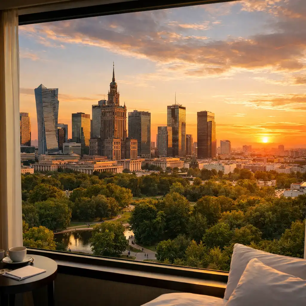 Panorama Warszawy z okna pokoju hotelowego